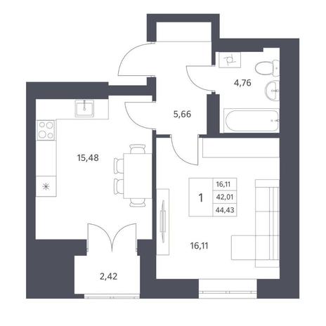 Вариант №14422, 1-комнатная квартира в жилом комплексе Новаторы